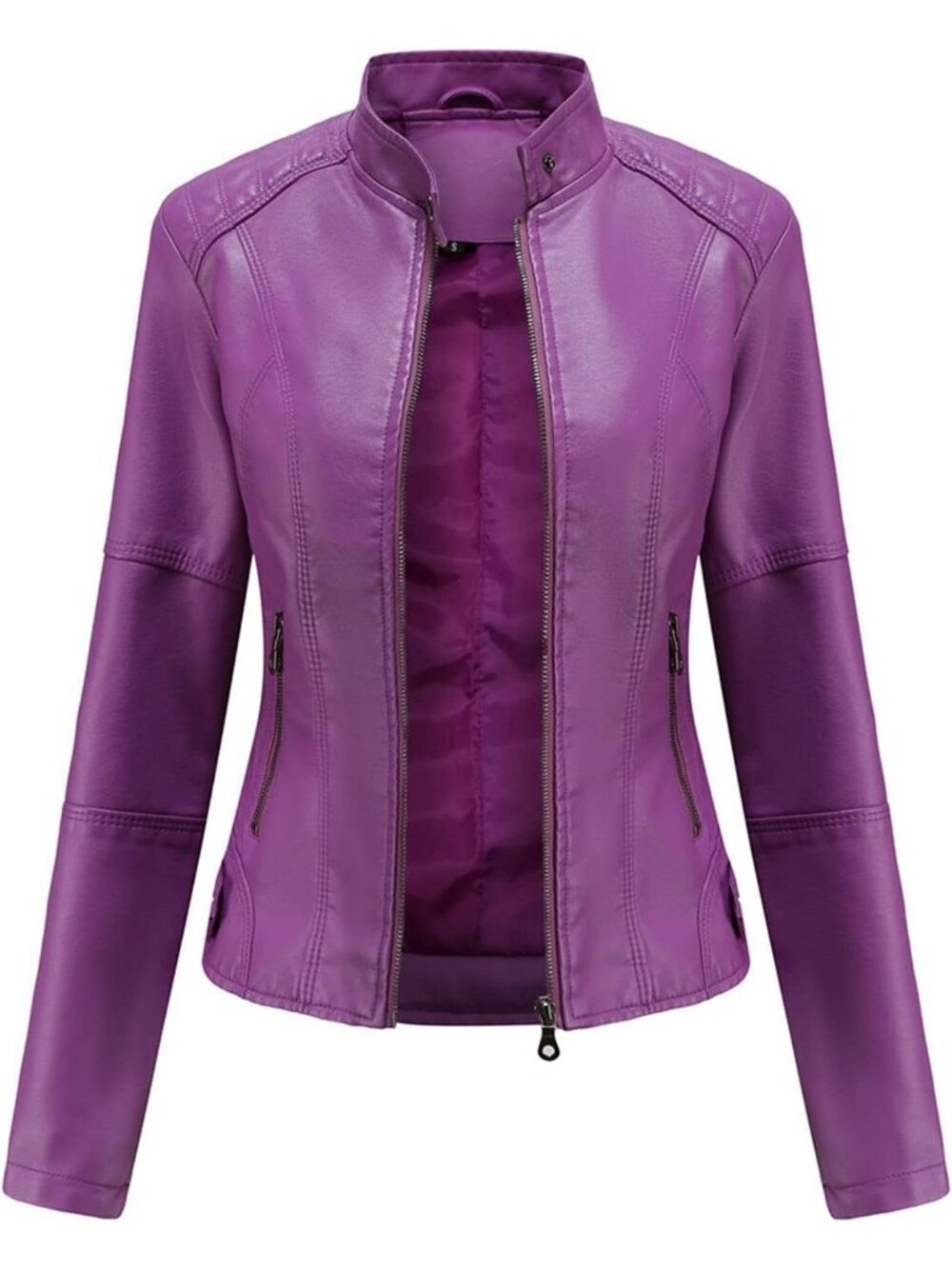 Women's Purple Faux Leather Bomber Jacket Zipper closure Belted Motorcycle Coats